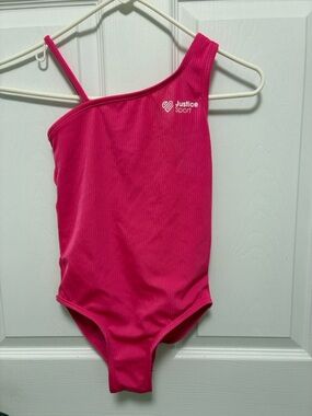 Justice Bright Pink Ribbed One-Shoulder Active Leotard